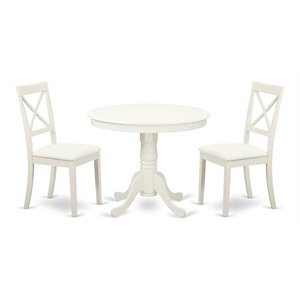 East West Furniture Antique 3 Piece Wood Faux Leather Dining Set in Linen White