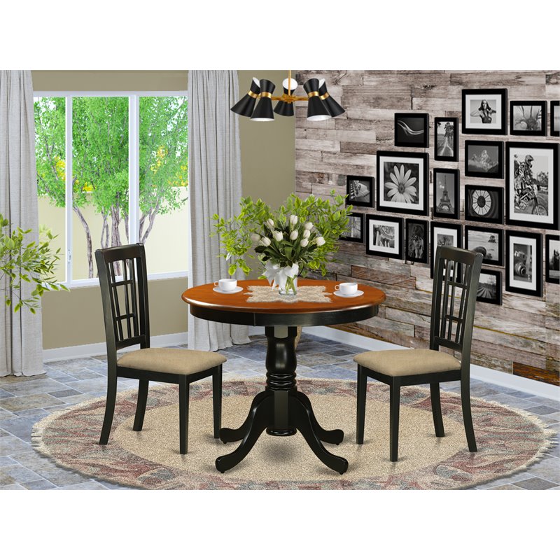 East West Furniture Antique 3-piece Dining Set with Linen Seat in Black/Cherry