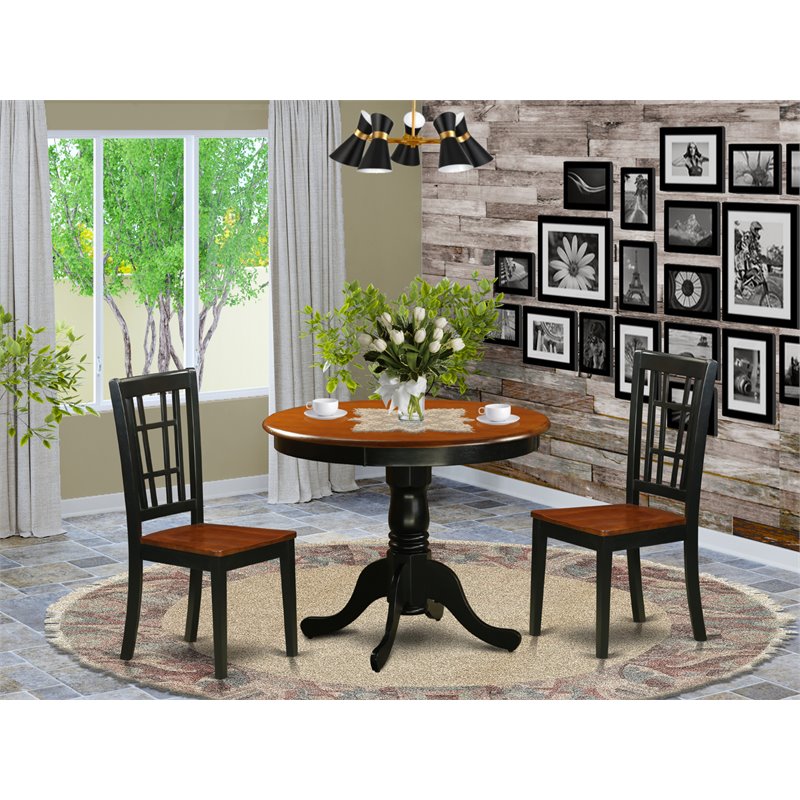 East West Furniture Antique 3-piece Dining Set with Wood Seat in Black & Cherry