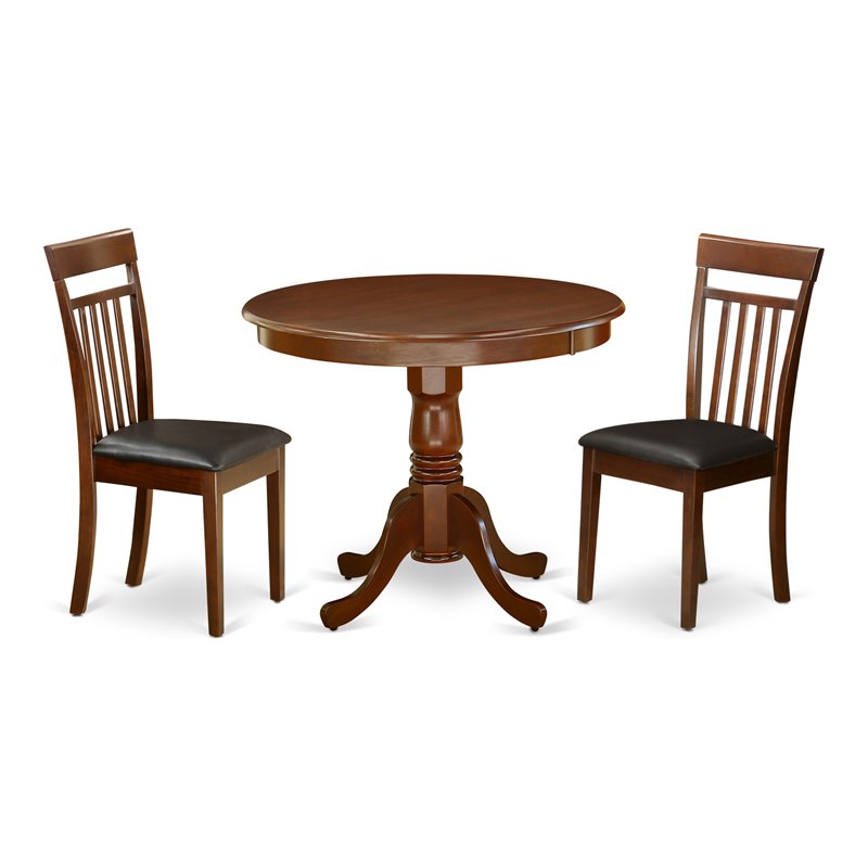 East West Furniture Antique 3-piece Dining Set with Leather Seat in Mahogany