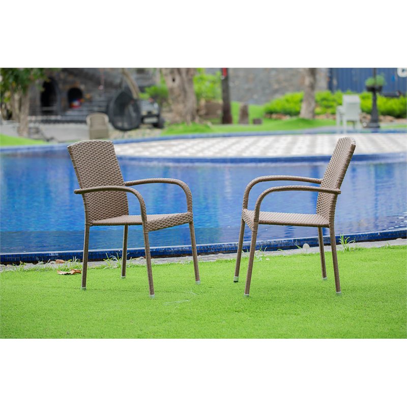 East West Furniture Jubi Metal & Wicker Patio Dining Chairs in Brown (Set of 2)