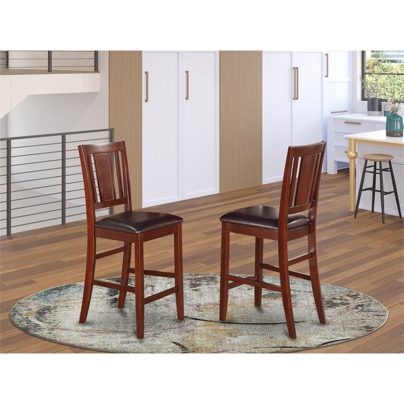 East West Furniture Buckland Leather Counter Height Stool in Mahogany (Set of 2)