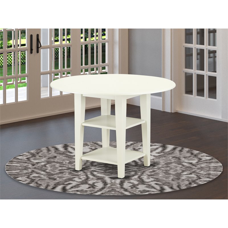 East West Furniture Sudbury Wood Dining Table with 2 Shelves in Linen White