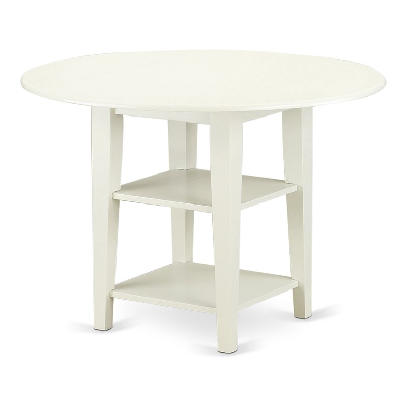 East West Furniture Sudbury Wood Dining Table with 2 Shelves in Linen White