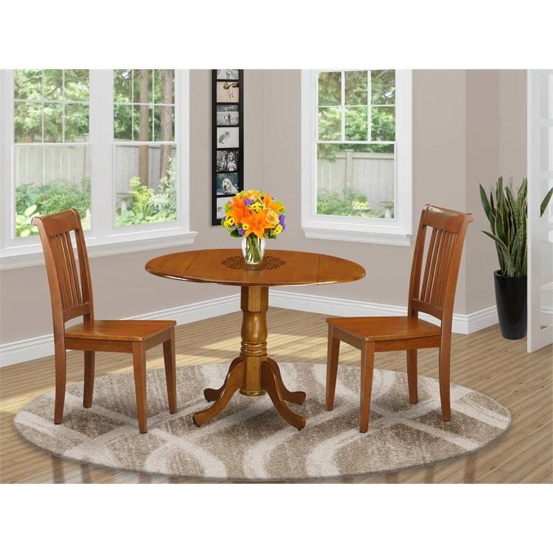 East West Furniture Dublin 3-piece Dining Set with Round Table in Saddle Brown