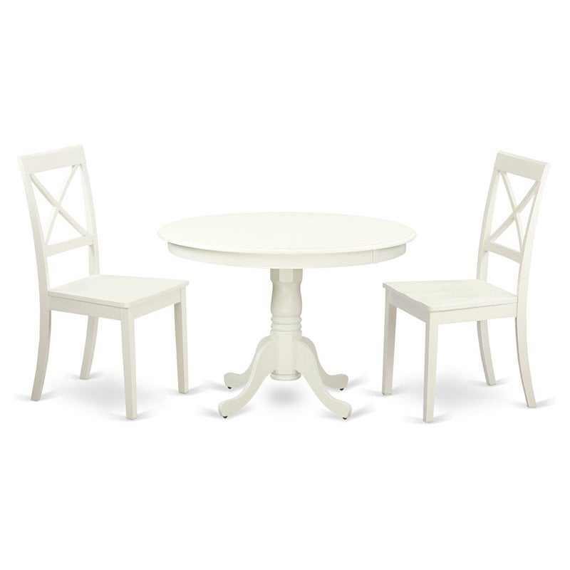 East West Furniture Hartland 3-piece Dining Set with Round Table in Linen White