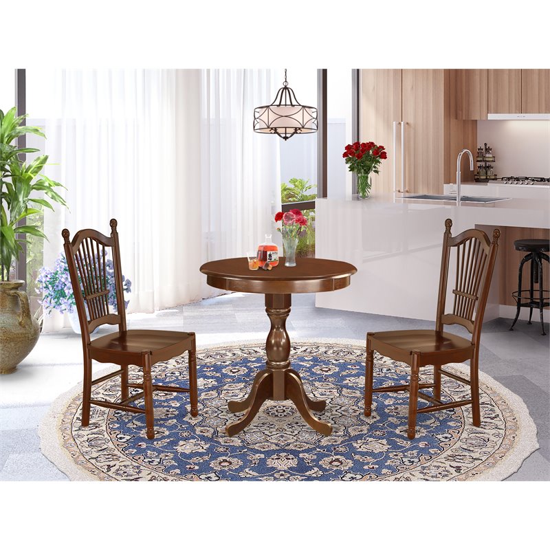 East West Furniture Eden 3-piece Dining Set with Table and 2 Chairs in Mahogany