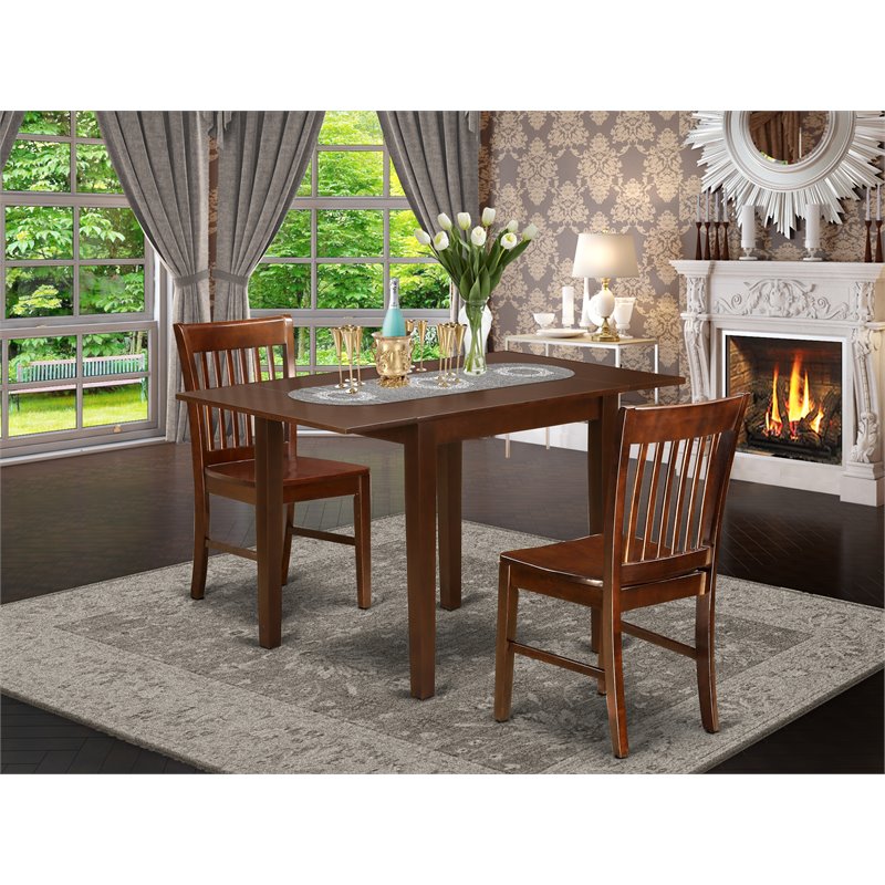 East West Furniture Norden 3-piece Dining Table and Slat Back Chairs in Mahogany