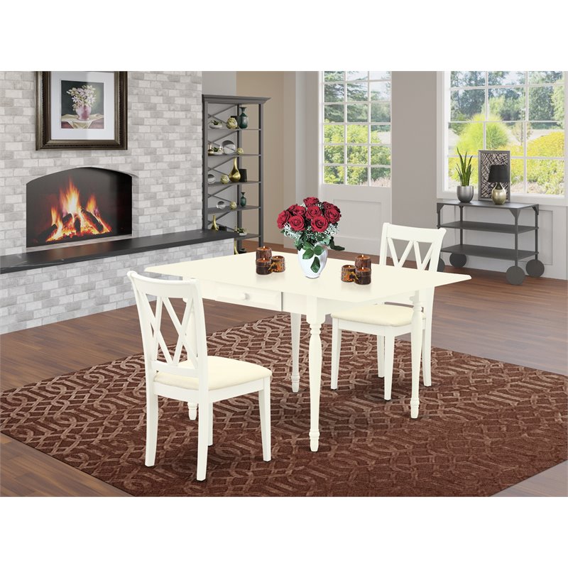 East West Furniture Monza 3-piece Dining Set with Fabric Seat in Linen White