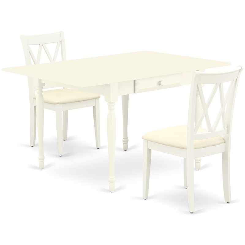 East West Furniture Monza 3-piece Dining Set with Fabric Seat in Linen White