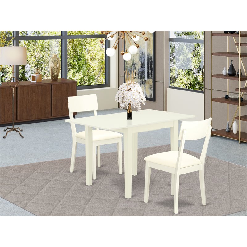 East West Furniture Norden 3-piece Dining Set with Leather Seat in Linen White