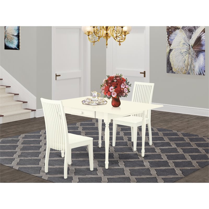 East West Furniture Monza 3-piece Dining Set with Rectangular Table in White