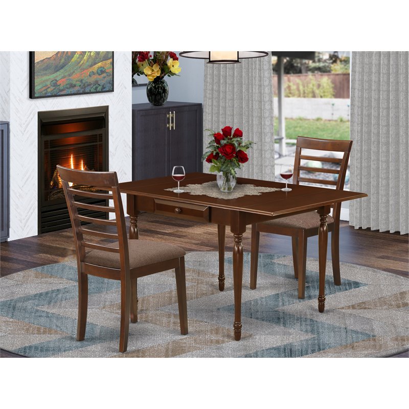 East West Furniture Monza 3-piece Wood Dining Set with Fabric Seat in Mahogany
