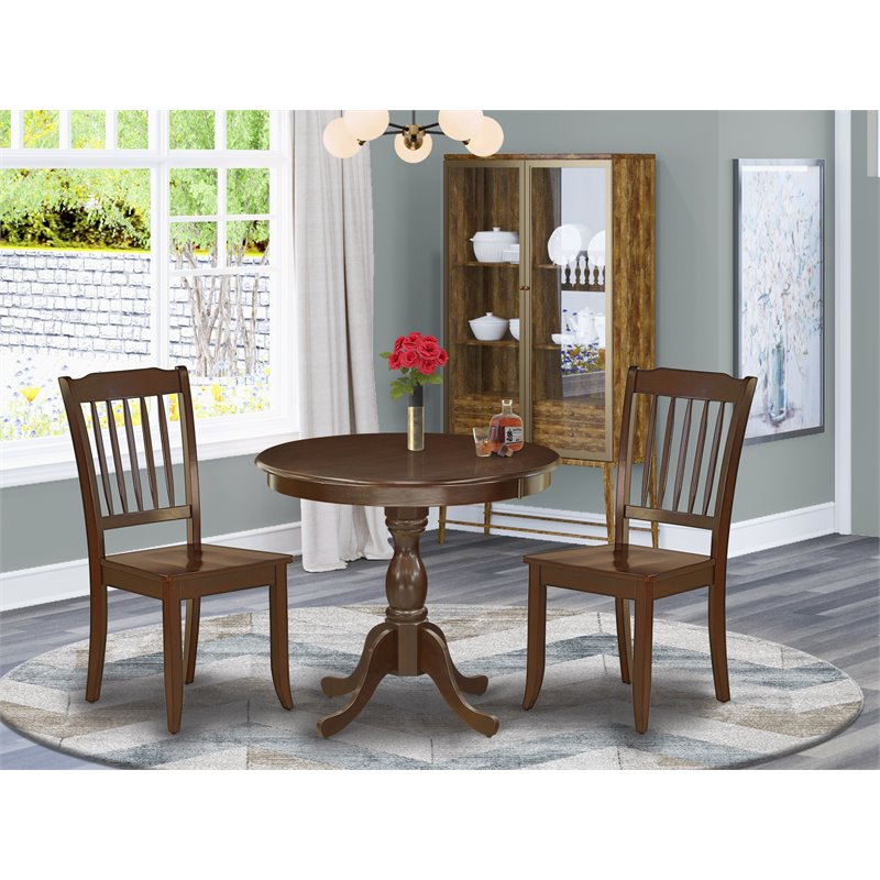 East West Furniture Antique 3-piece Dining Set with Slatted Back in Mahogany