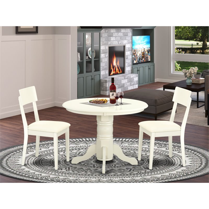 East West Furniture Shelton 3-piece Dining Set with Leather Seat in Linen White