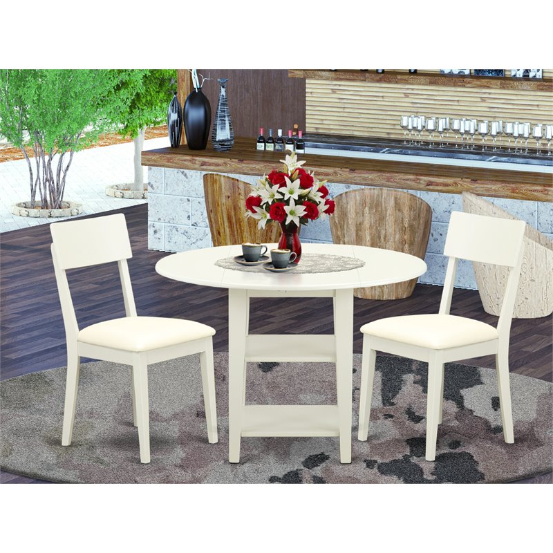 East West Furniture Sudbury 3-piece Dining Set with Leather Seat in Linen White