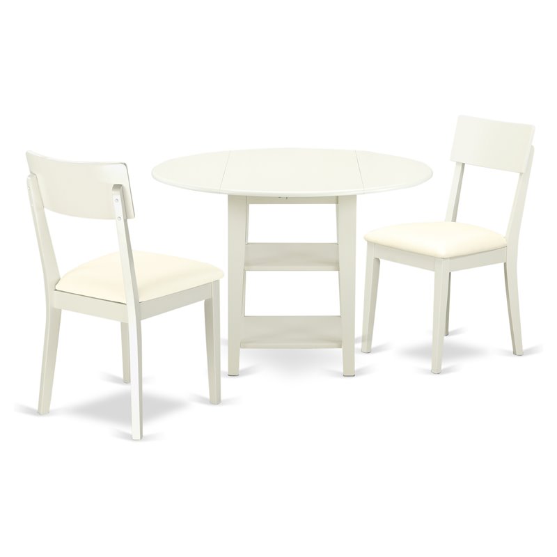 East West Furniture Sudbury 3-piece Dining Set with Leather Seat in Linen White