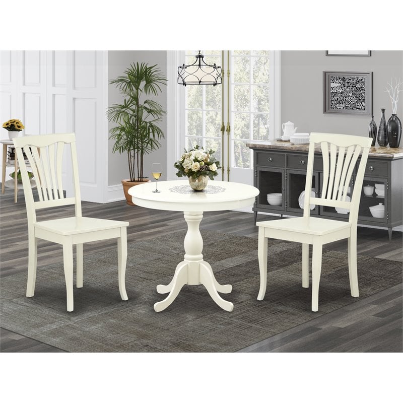 East West Furniture Wood 3-piece Dining Set with Slatted Back in Linen White