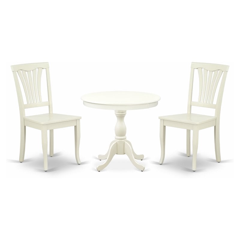 East West Furniture Wood 3-piece Dining Set with Slatted Back in Linen White