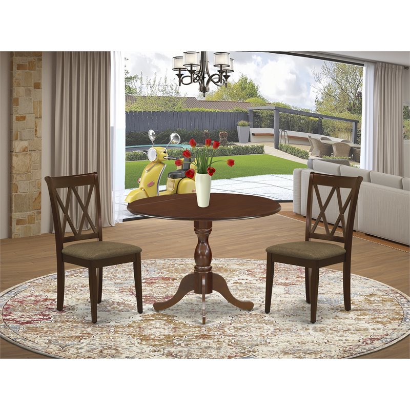 East West Furniture Dublin 3-piece Wood Dining Set with Fabric Seat in Mahogany