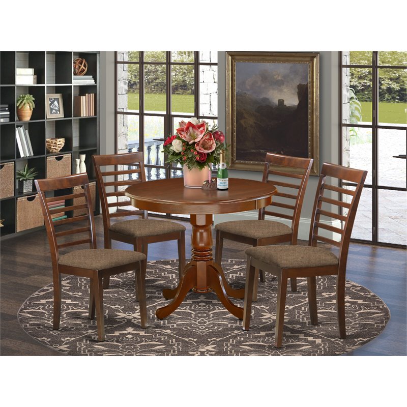 East West Furniture Antique 5-piece Wood Dining Set with Linen Seat in Mahogany
