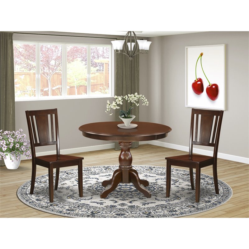 East West Furniture Hartland 3-piece Dining Set with Panel Back in Mahogany