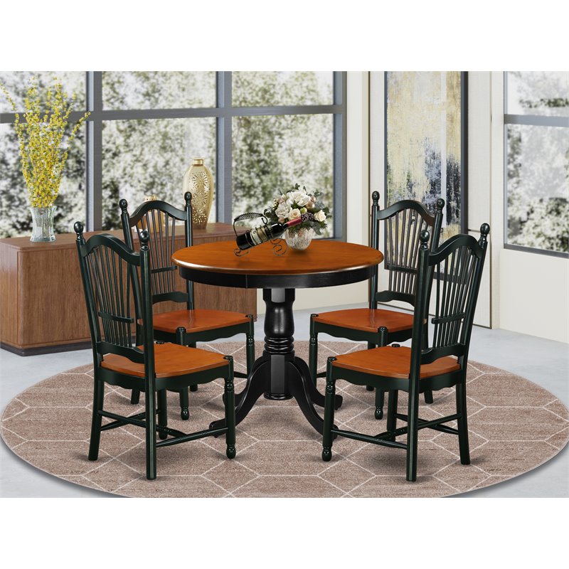 East West Furniture Antique 5-piece Dining Set with Wood Seat in Black/Cherry