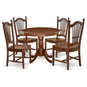 East West Furniture Antique 5-piece Wood Dining Set with Round Table in Mahogany