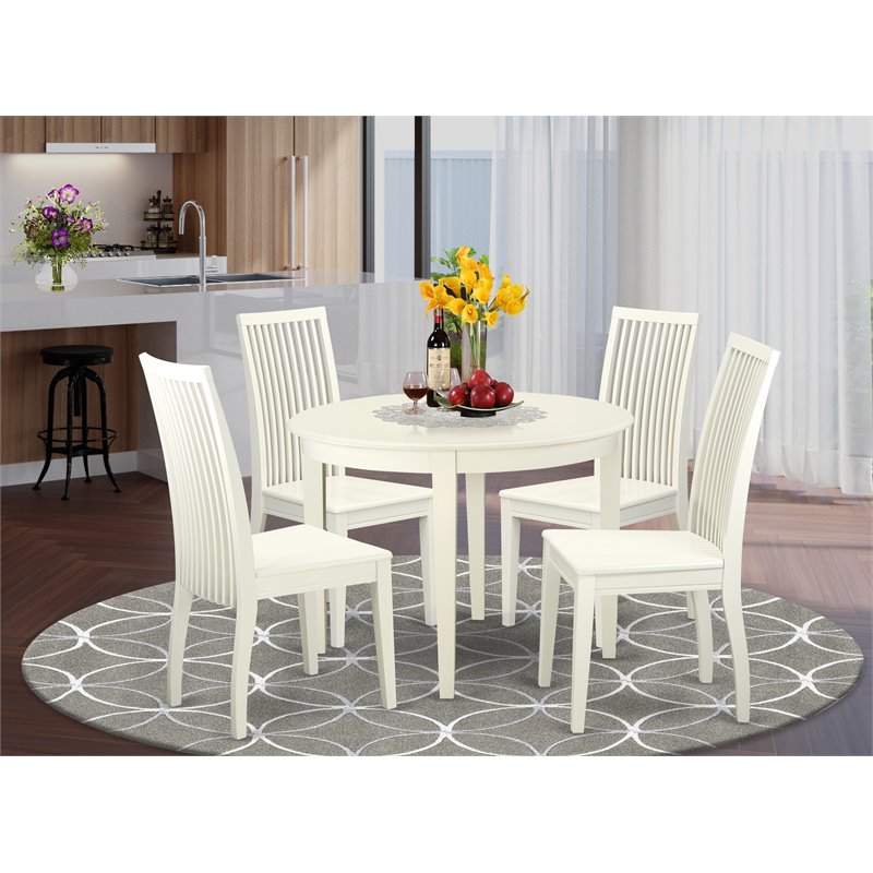 East West Furniture Boston 5-piece Dining Set with Leather Seat in Linen White