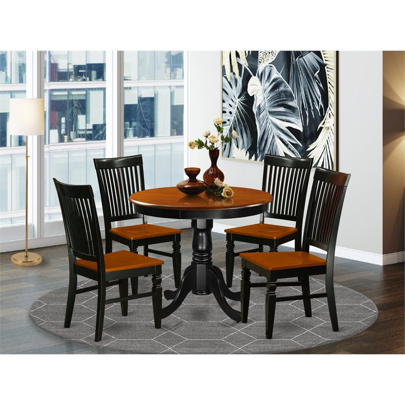 East West Furniture Antique 5-piece Wood Seat Chairs and Table in Black/Cherry