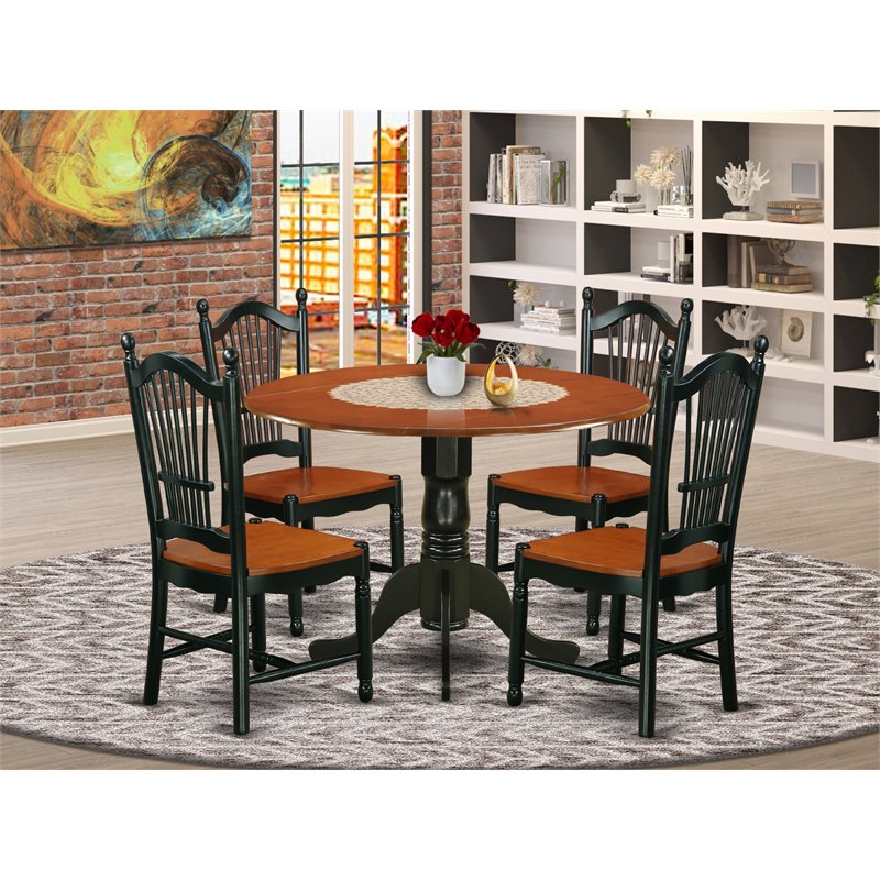 East West Furniture Dublin 5-piece Dining Set with Wood Seat in Black/Cherry