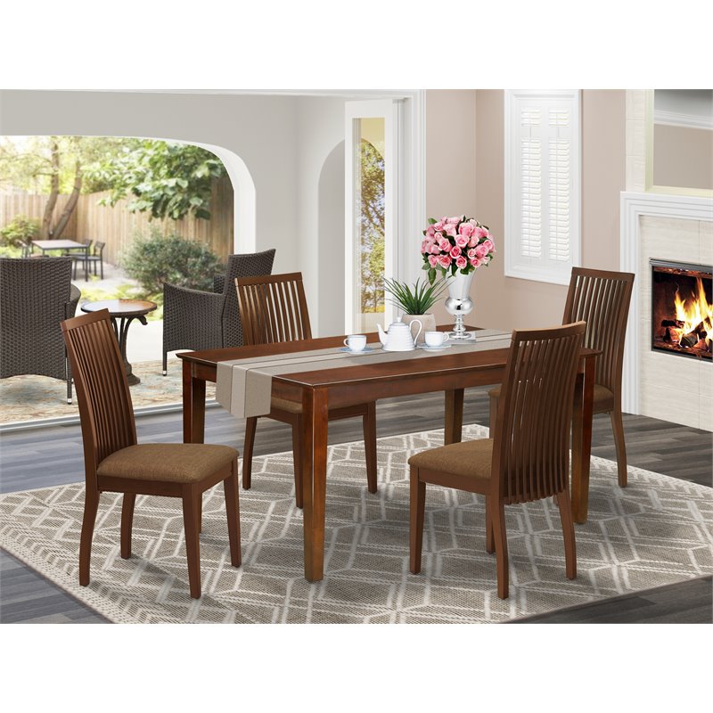 East West Furniture Capri 5-piece Wood Dining Set with Fabric Seat in Mahogany