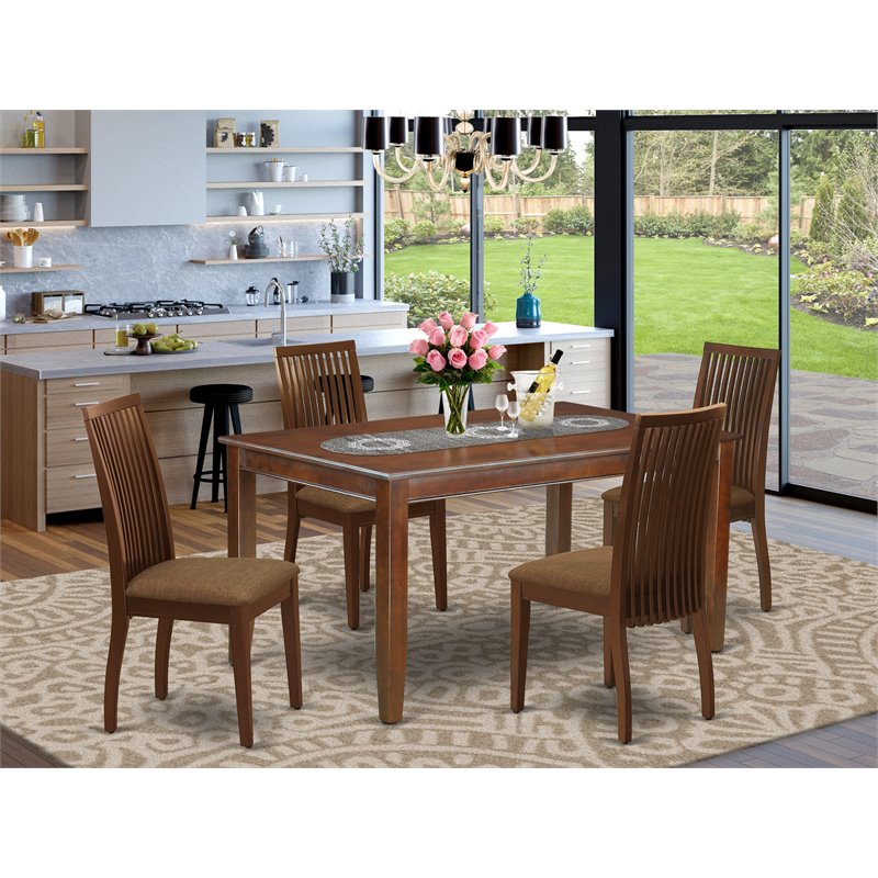 East West Furniture Dudley 5-piece Wood Dining Set with Fabric Seat in Mahogany