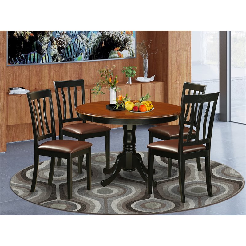 East West Furniture Hartland 5-piece Wood Dining Set with Leather Seat in Black