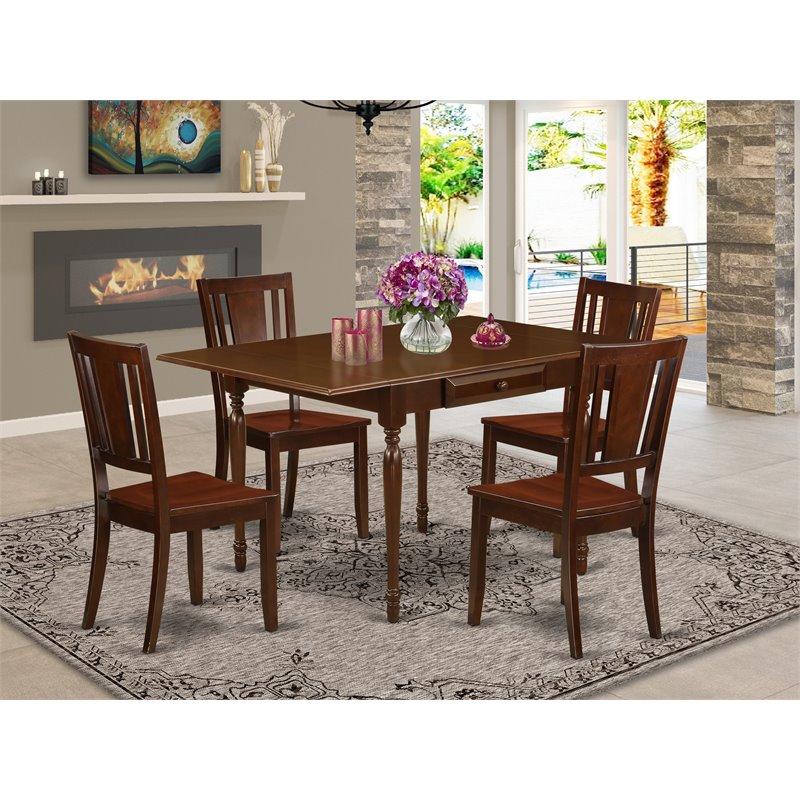 East West Furniture Monza 5-piece Dining Table and Panel Back Chairs in Mahogany
