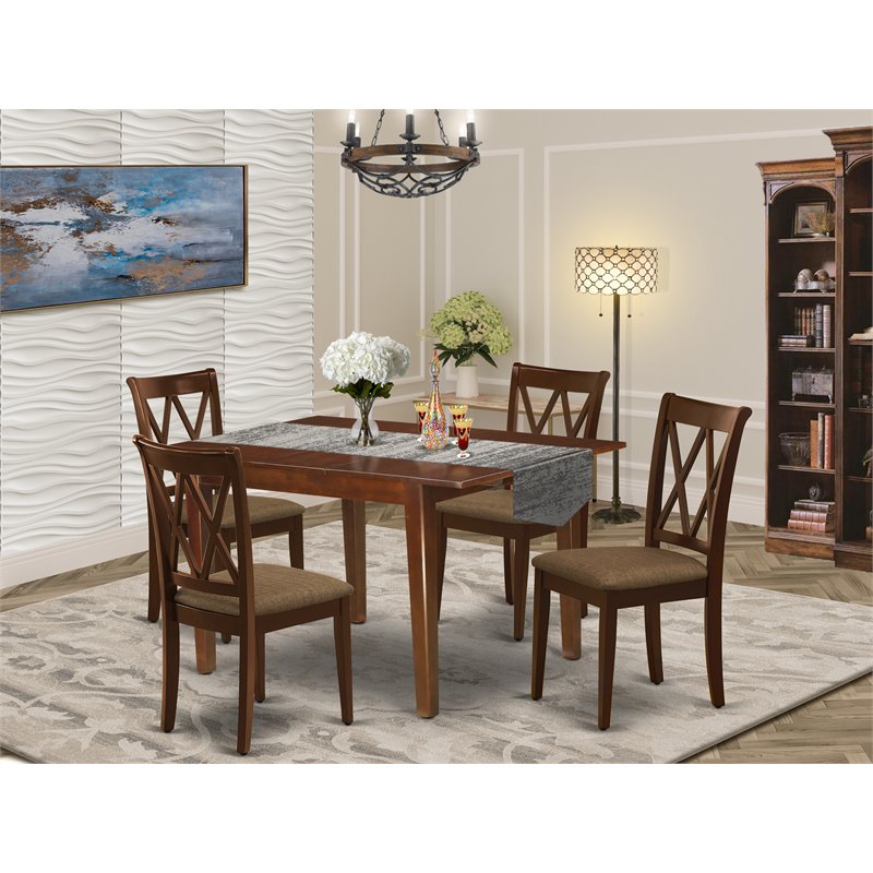 East West Furniture Milan 5-piece Wood Dining Set with Fabric Seat in Mahogany