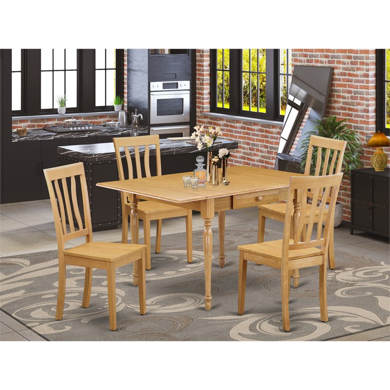 East West Furniture Monza 5-piece Wood Dining Set with Slatted Chairs in Oak