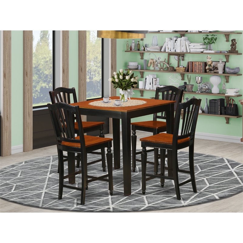 East West Furniture Pub 5-piece Wood Dining Set with Bar Stools in Black/Cherry