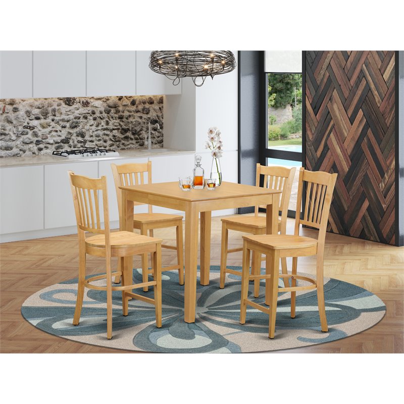 East West Furniture Pub 5-piece Wood Dining Set with Stools in Oak