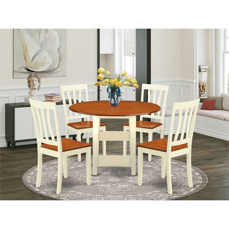 East West Furniture Sudbury 5-piece Wood Dining Set with Round Table in Cherry