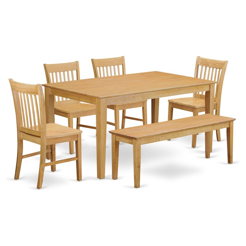 East West Furniture Capri 6-piece Wood Dining Room Set with Bench in Oak