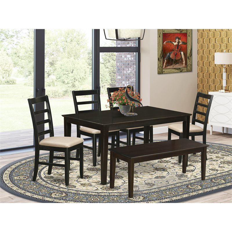 East West Furniture Capri 6-piece Wood Kitchen Table Set w/ Bench in Cappuccino