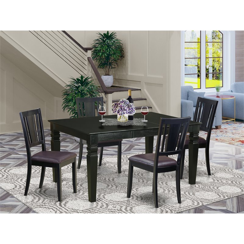 East West Furniture Weston 5-piece Wood Dining Set with Leather Seat in Black