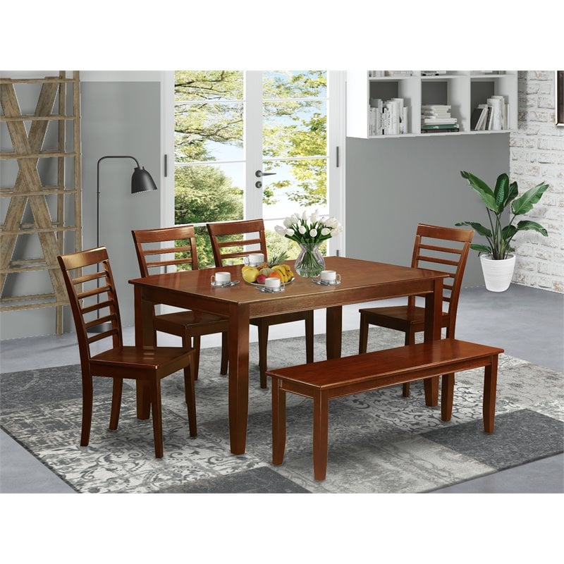 East West Furniture Dudley 6-piece Wood Dining Room Set with Bench in Mahogany
