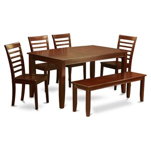 East West Furniture Dudley 6-piece Wood Dining Room Set with Bench in Mahogany