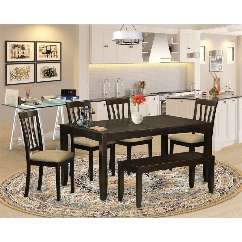 East West Furniture Lynfield 6-piece Wood Dining Set with Bench in Cappuccino