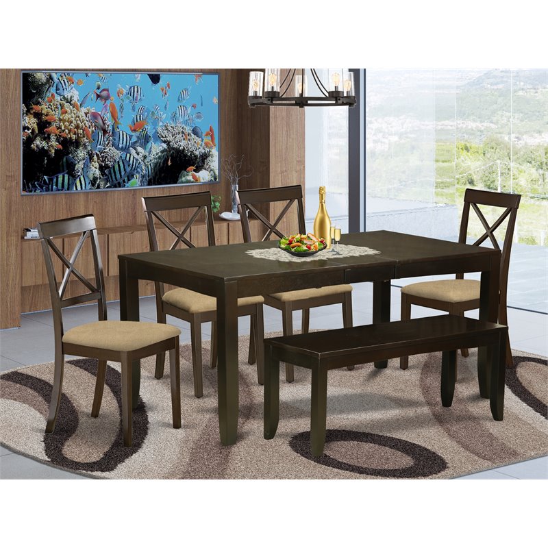 East West Furniture Lynfield 6-piece Dining Set with Bench in Cappuccino