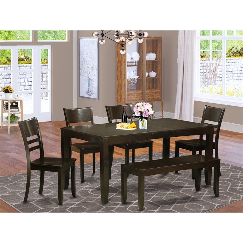 East West Furniture Lynfield 6-piece Dining Set with Wood Seat in Cappuccino