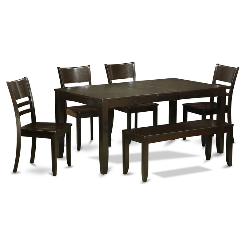 East West Furniture Lynfield 6-piece Dining Set with Wood Seat in Cappuccino