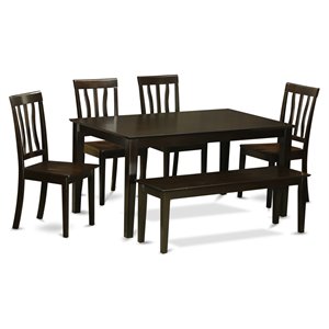 east west furniture capri 6-piece dining set with wood seat in cappuccino